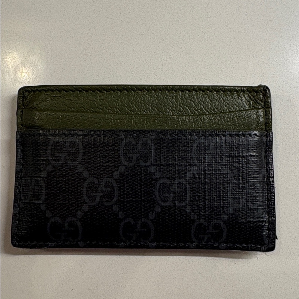 💯 authentic Gucci Olive Leather GG Supreme Monogram Bi-Color Card Holder Black - Picture 5 of 12